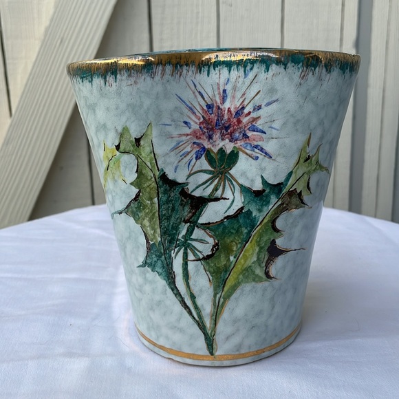 Antique Italian Majolica Sesto Fiorentino Blue Sponge Gold Thistle Vase - Picture 2 of 7